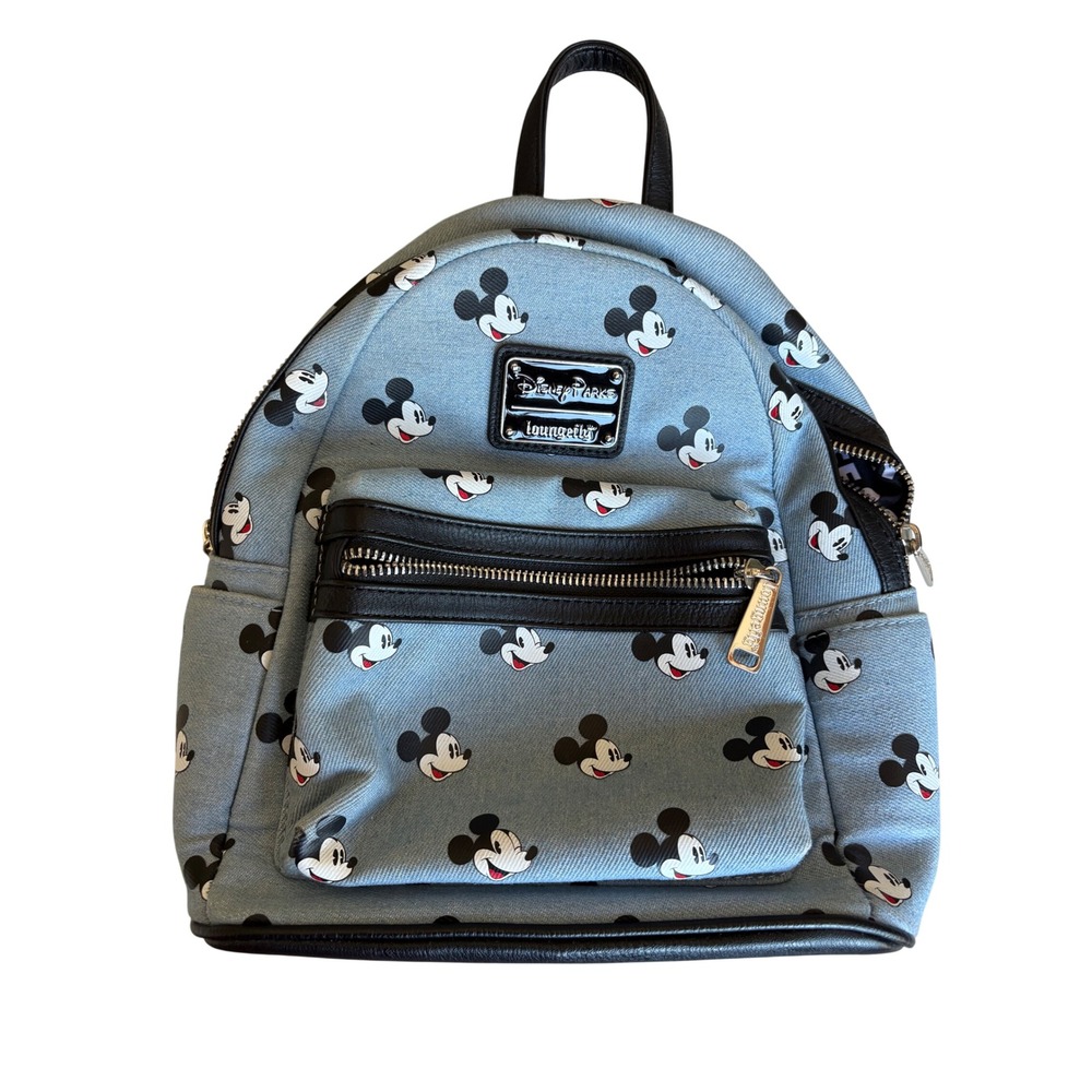 Disney Parks Loungefly Mickey Mouse Denim Mini Backpack Blue All Over Print